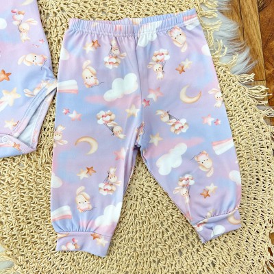 Conj. Body Manga Longa e Calça em Malha Térmica com Proteção UV50+- Coelhinha com Estrelinhas 